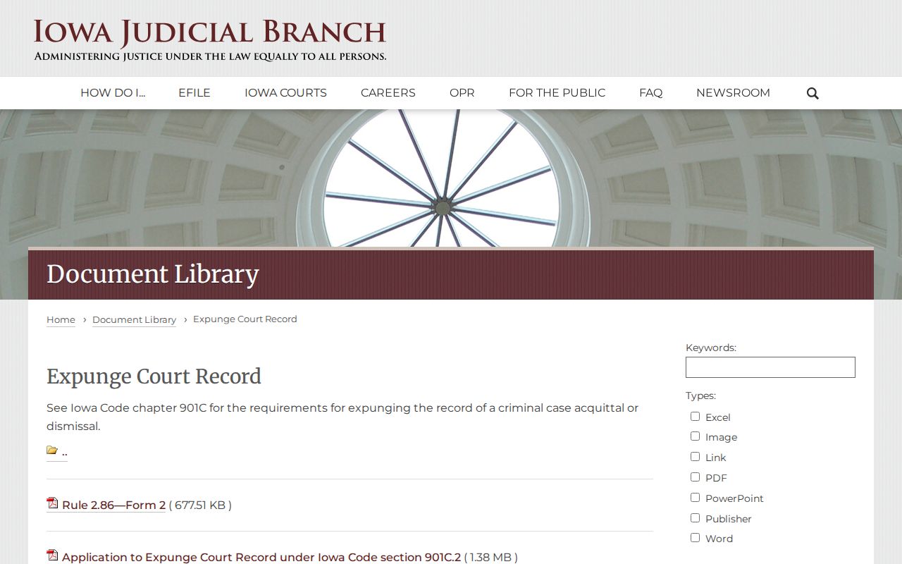 Iowa court form categories for expungement and arrest record relief