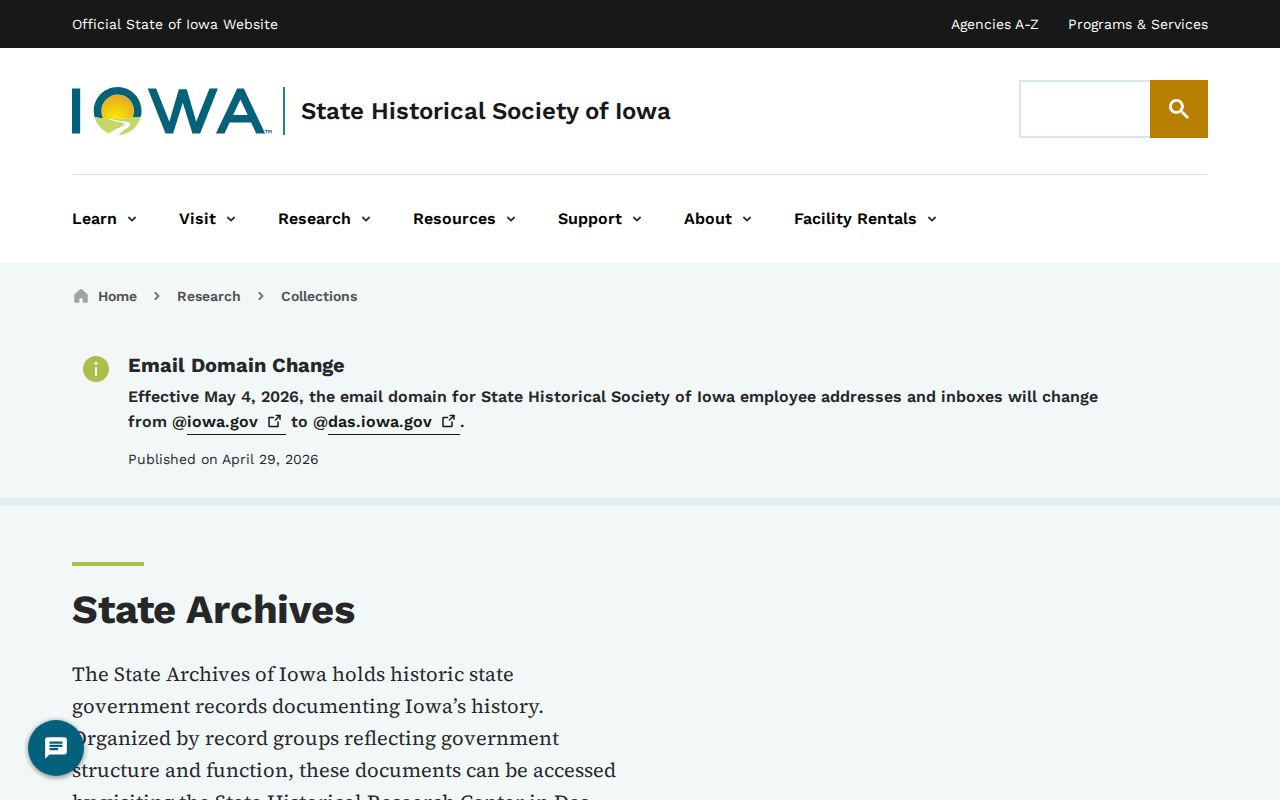 Iowa State Archives collection landing page for historical government records