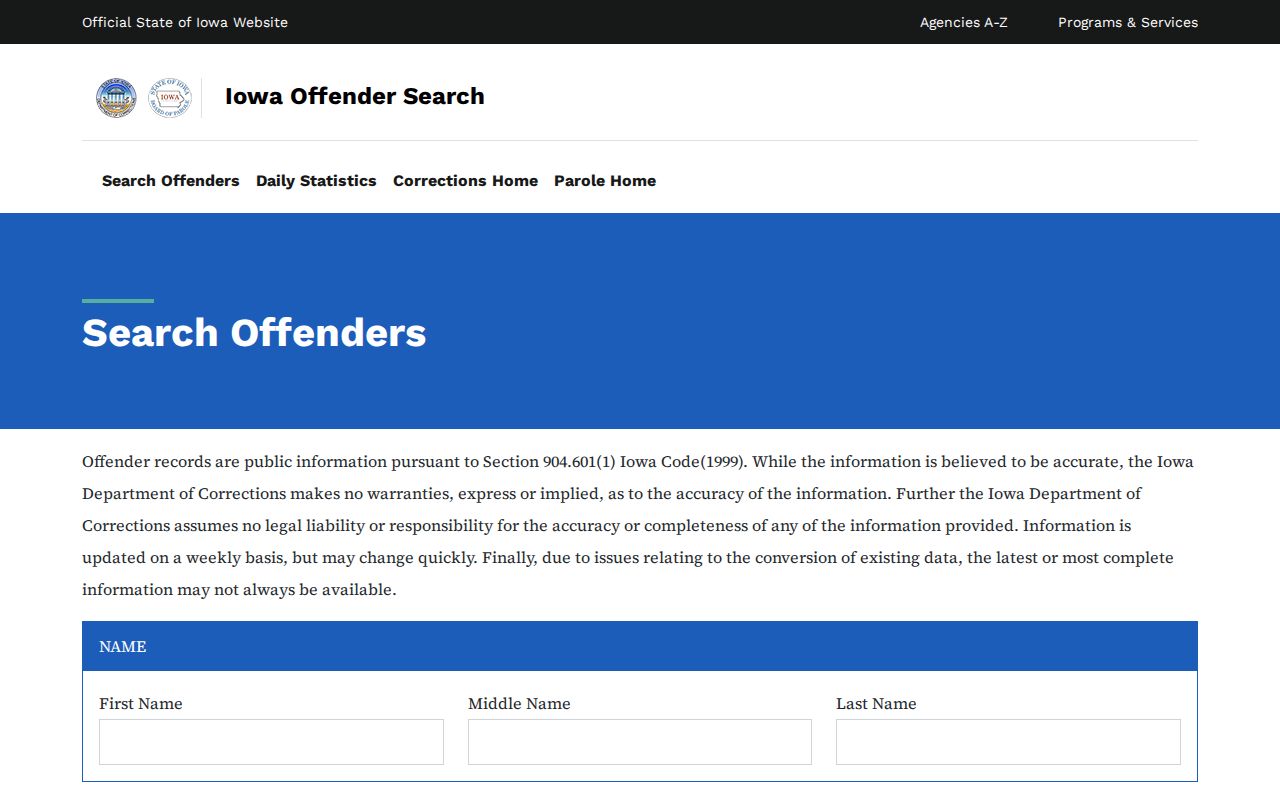 Iowa Department of Corrections offender search fields for state custody records