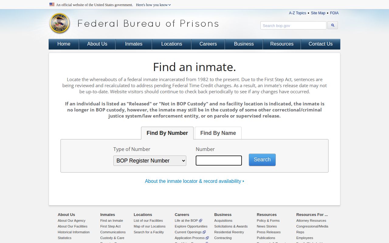 Federal Bureau of Prisons inmate locator fields, a federal-only custody search