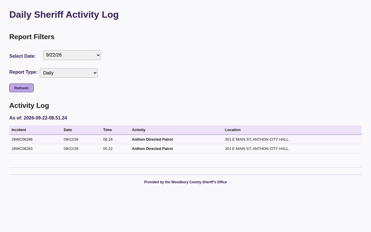 Woodbury County, Iowa multi-day sheriff activity log with dated reports