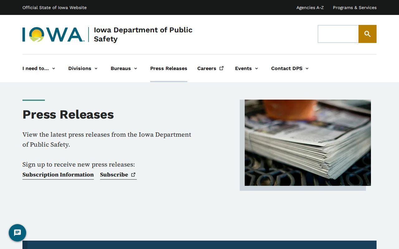 Iowa Department of Public Safety press-release index used for selected State Patrol arrest news