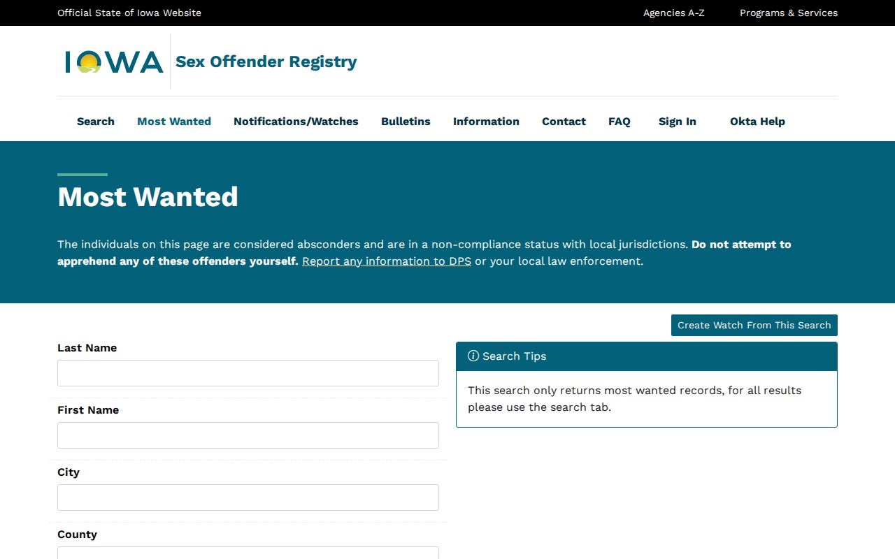 Official Iowa registry most wanted list interface for registry-related cases