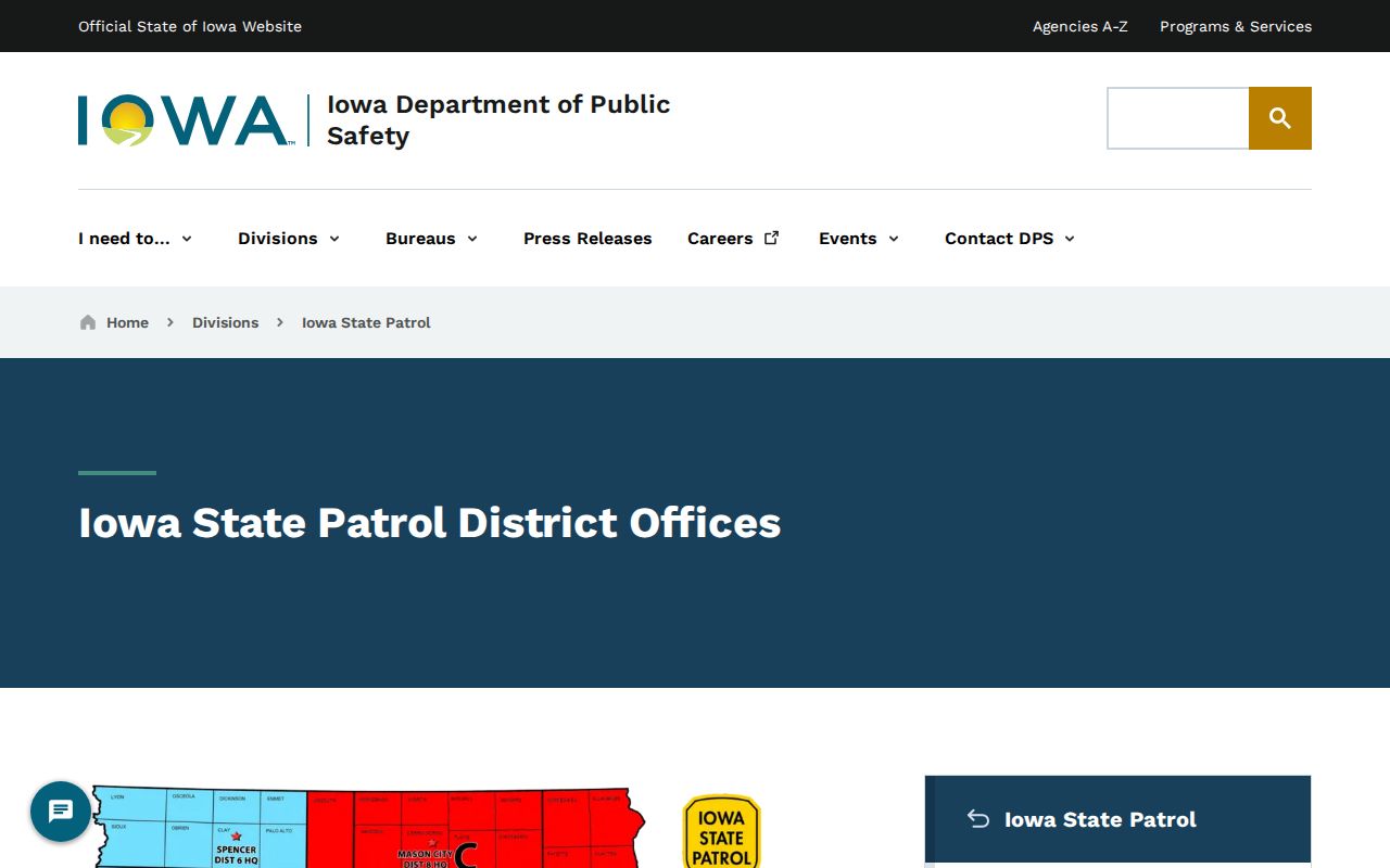 Iowa State Patrol district-office listing for statewide patrol coverage