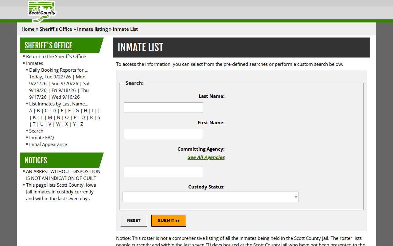 Scott County, Iowa current and recent arrest roster interface with dated links