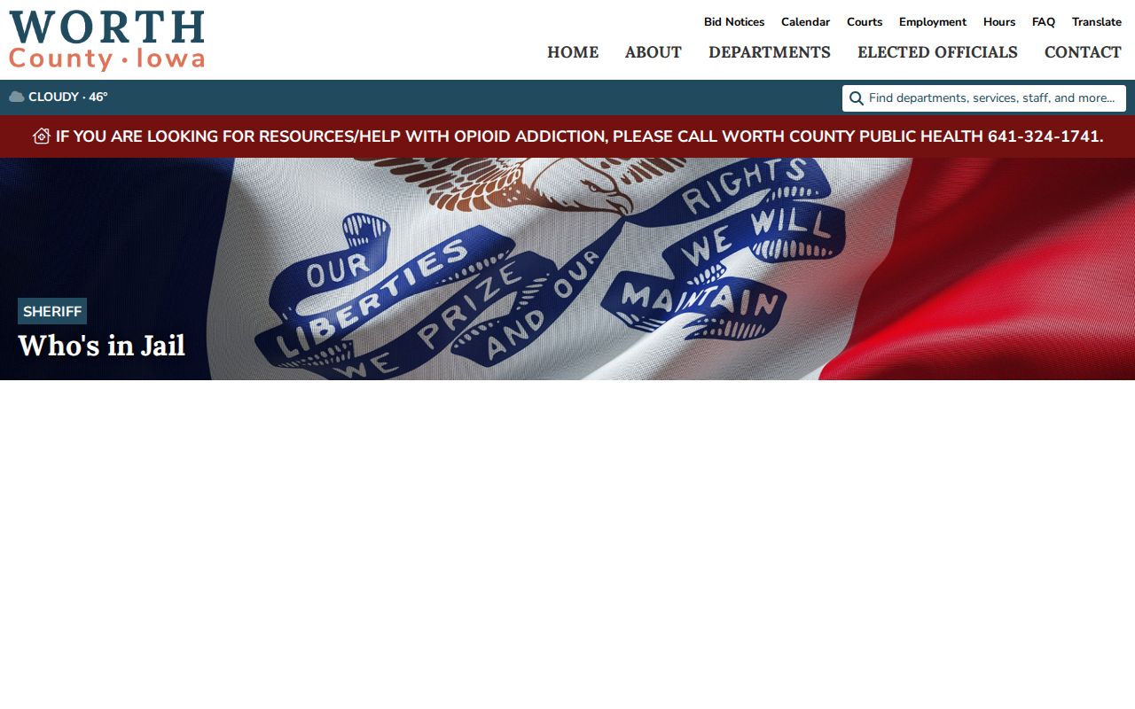 Worth County, Iowa arrest roster interface with selected photo and date fields