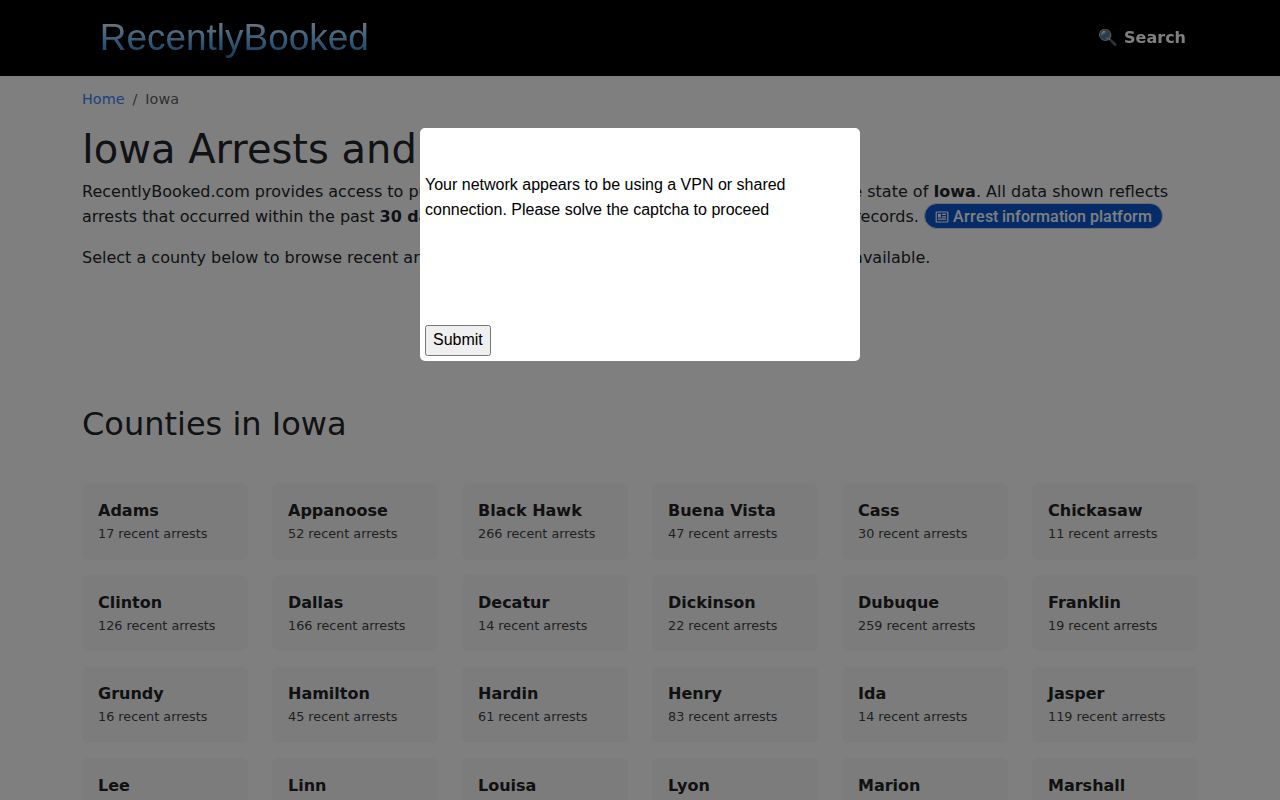 Iowa unofficial recent booking index navigation, not an official county arrest record
