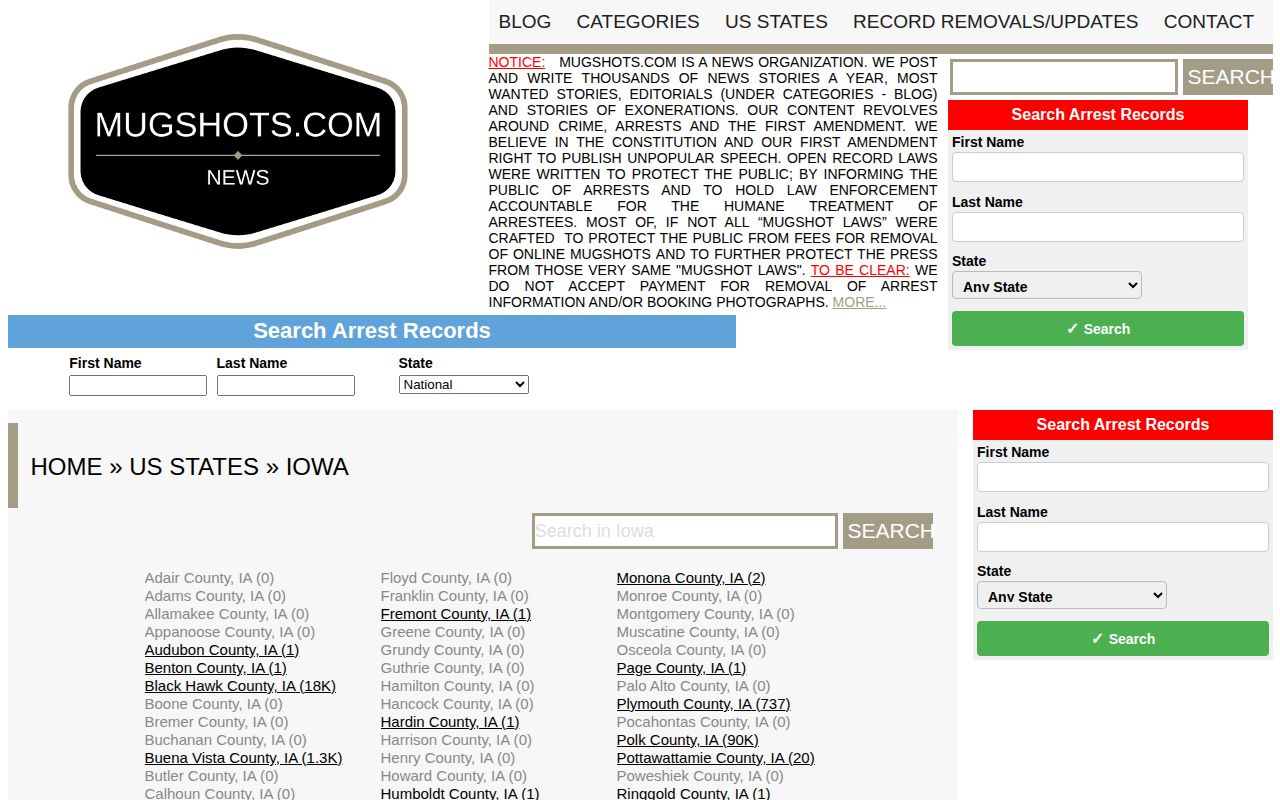 Iowa county navigation on an unofficial mugshot index, separate from official records