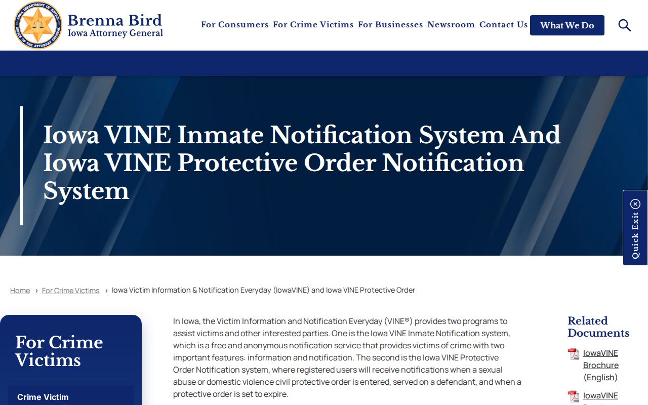 Iowa Attorney General information on IowaVINE coverage, phone registration, and safety