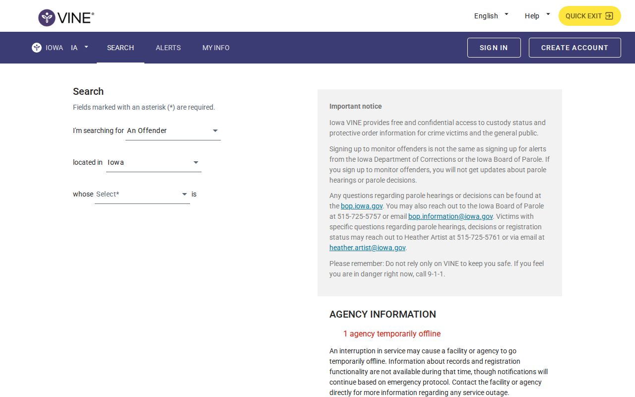 Iowa VINELink person search interface for selecting an offender and state